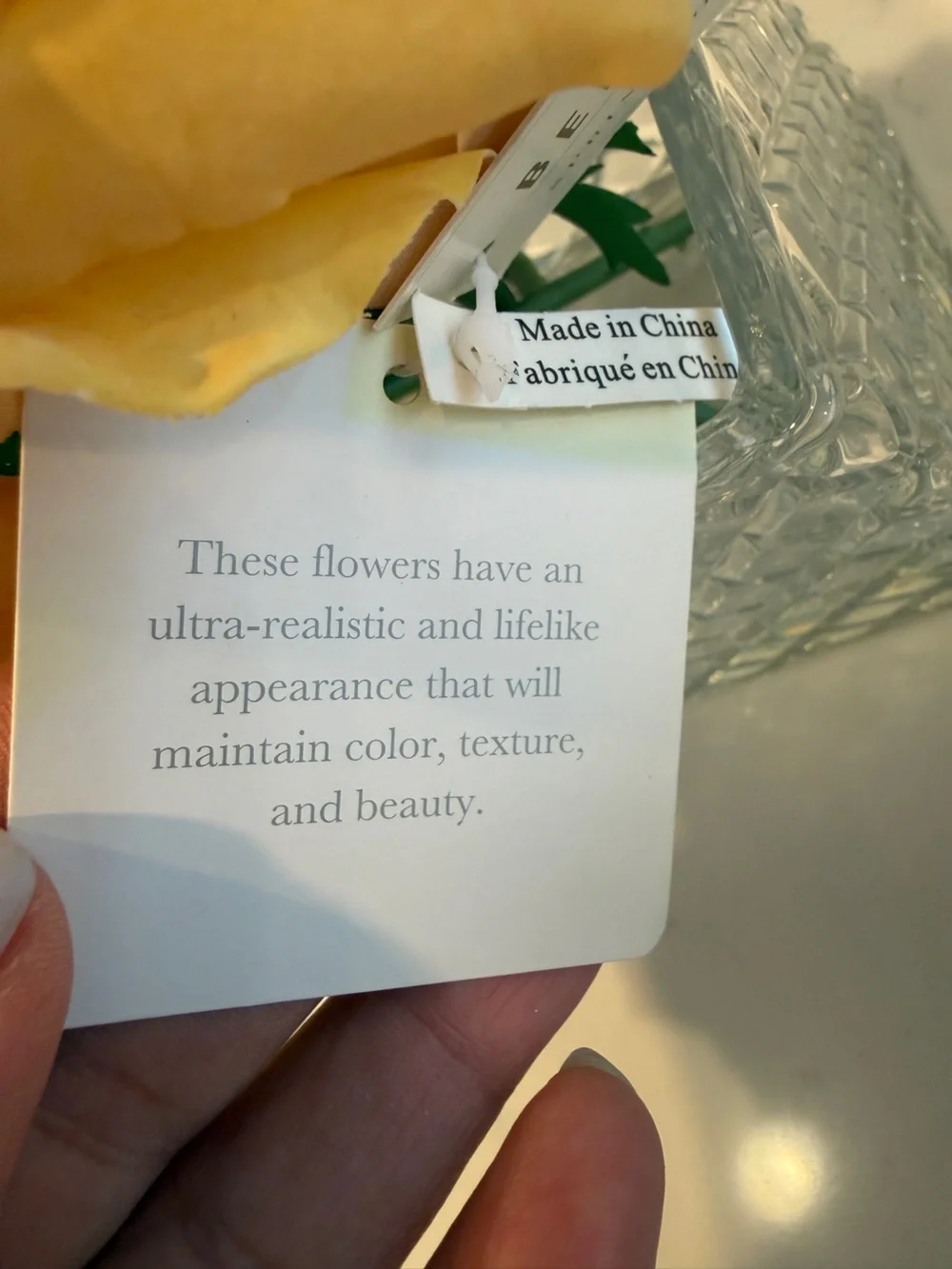 Ella Lux Real Touch Yellow Rose Floral Arrangement Glass Cube Vase Faux Flowers